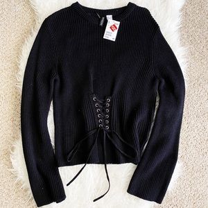 Black Knitted Long Sleeve with Corset Tie